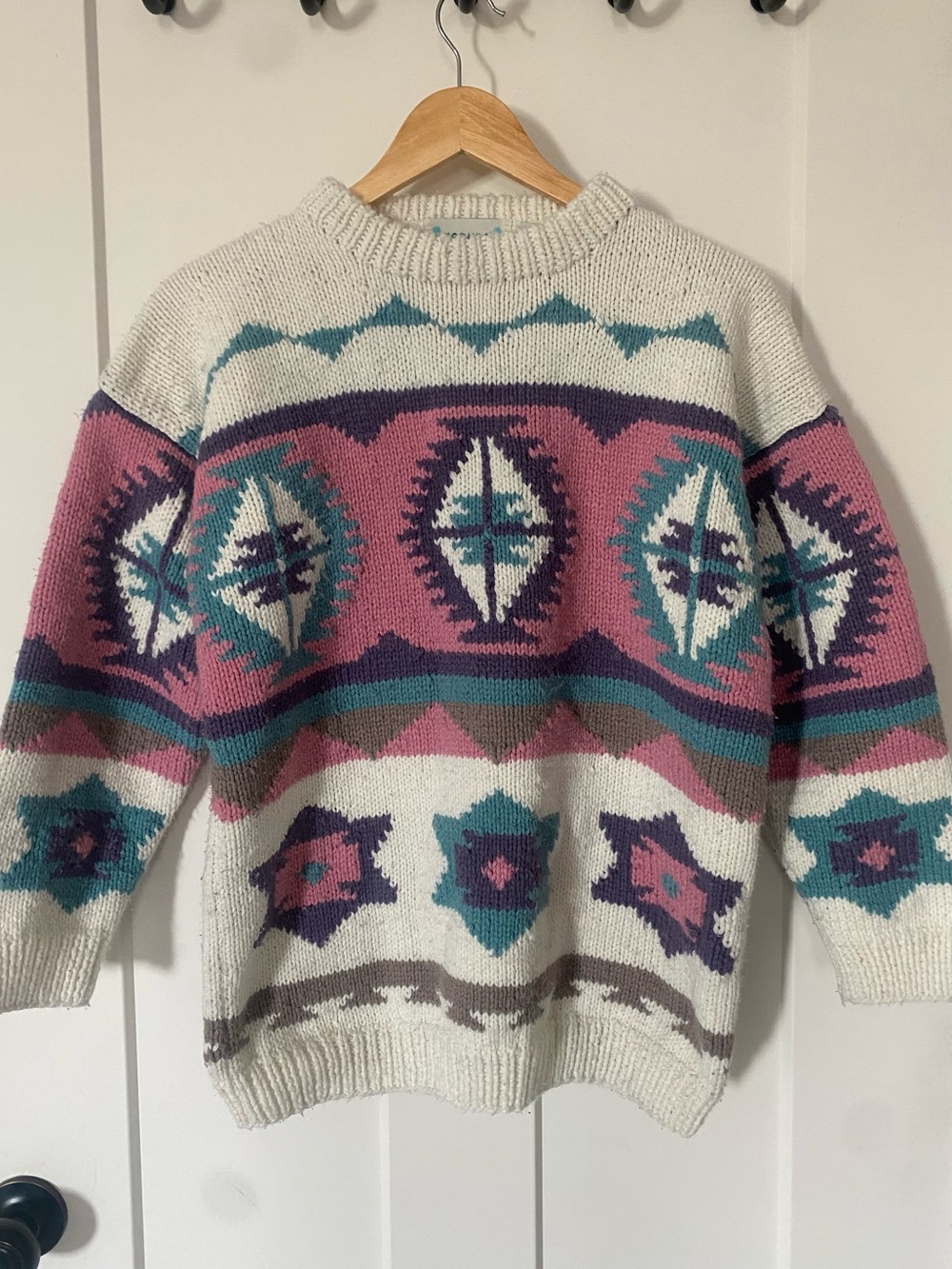 Vintage Hand Knit Sweater - Cream, Pink, Teal, Purple Western Patterned Knit